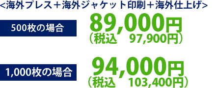 ＜海外DVDプレス＋国内ジャケット印刷＋国内仕上げ＞ 1,000枚の場合 89,000円（税別）